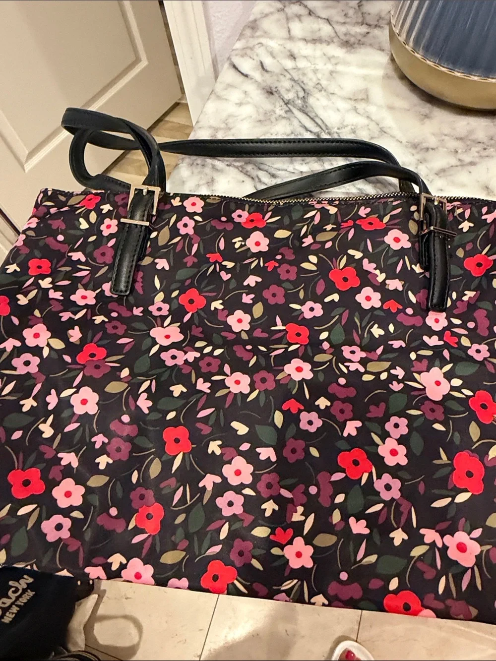 kate spade Black Floral Print Tote with Pink and Red Blooms